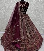Wine Velvet Bridal Lehenga Choli With Double Dupatta