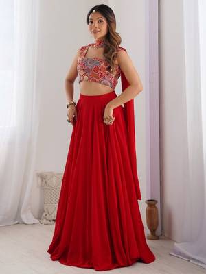 red georgette party lehenga set choli with dupatta with dupatta  full stitched 3