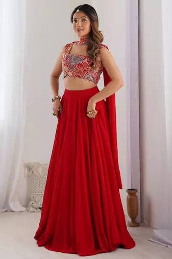 red georgette party lehenga set choli with dupatta with dupatta  full stitched