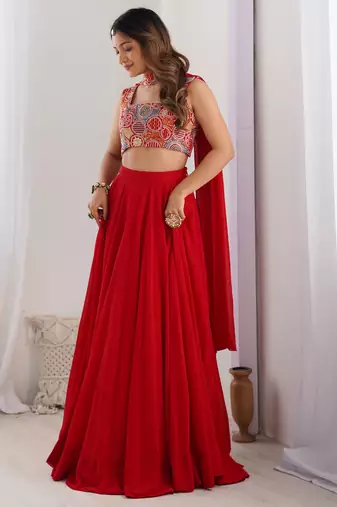 red georgette party lehenga set choli with dupatta with dupatta  full stitched