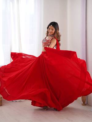 red georgette party lehenga set choli with dupatta with dupatta  full stitched 5