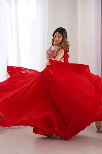 red georgette party lehenga set choli with dupatta with dupatta  full stitched