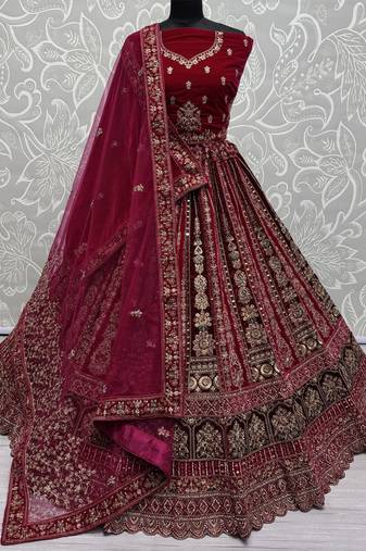 Pink Dori Work Velvet Bridal Lehenga Choli With Two Dupatta