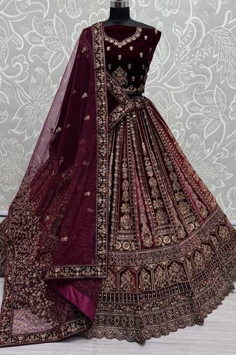 Maroon Velvet Bridal Lehenga Choli With Double Dupatta