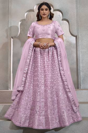 Lavender Thread Embroidered Net Bridesmaid Lehenga Choli