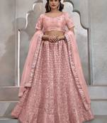 Peach Thread Embroidered Net Lehenga Choli With Dupatta