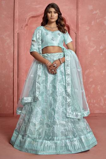 Sky-Blue Thread Embroidered Net Wedding Lehenga Choli