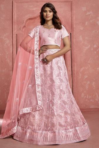 Peach Sequins Net Engagement Wear Lehenga Choli