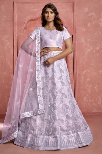 Lavender Thread Embroidered Net Lehenga Choli