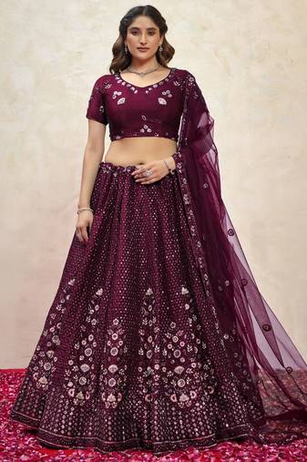 Wine Thread Embroidered Net Lehenga Choli With Dupatta