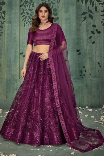 Wine Sequins Net Designer Lehenga Choli With Dupatta