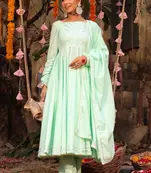 Light Green Gota Work  Frill Sleeves Anarkali Set With Pant & Dupatta 