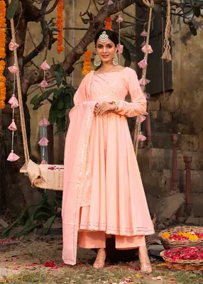 Peach Heavy Gota Work Full Flared Anarkali Set  2