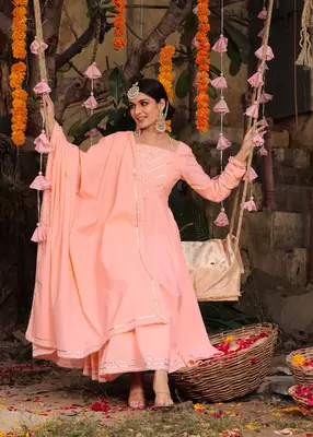 Peach Heavy Gota Work Full Flared Anarkali Set  3