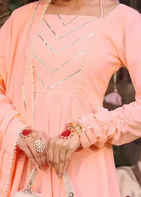 Peach Heavy Gota Work Full Flared Anarkali Set  4