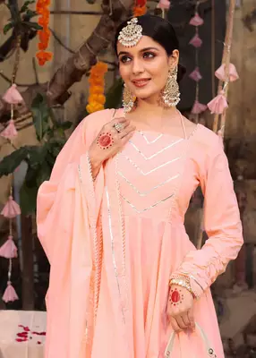Peach Heavy Gota Work Full Flared Anarkali Set  5