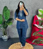 Blue Pure Denim Cotton Chic Coordset With Handwork- (Only Top and Bottom)