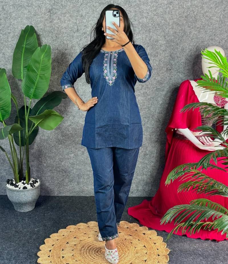 Blue Pure Denim Cotton Chic Coordset With Handwork- (Only Top and Bottom)