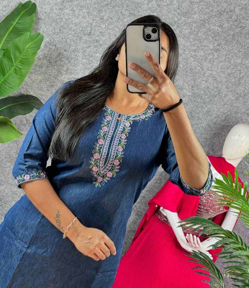 Blue Pure Denim Cotton Chic Coordset With Handwork- (Only Top and Bottom)