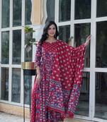 Maroon jaipuri cotton printed kurta with pant and dupatta