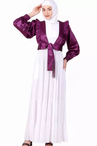 Multi Vertical Layer Abaya With Purple Satin Jacket