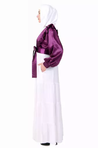 Multi Vertical Layer Abaya With Purple Satin Jacket