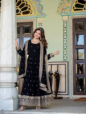 Black georgette zari sequins embroidered flared gown with heavy dupatta 1
