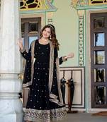 Black georgette zari sequins embroidered flared gown with heavy dupatta