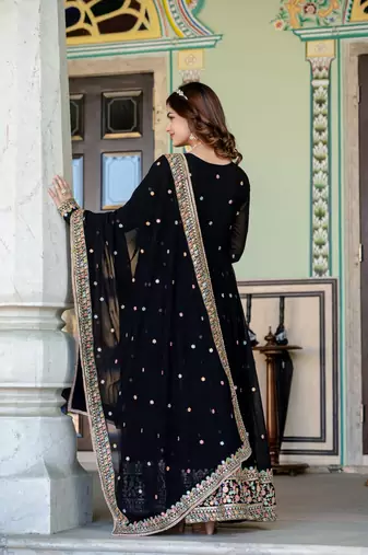 Black georgette zari sequins embroidered flared gown with heavy dupatta