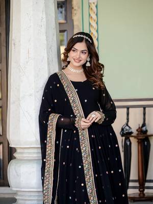 Black georgette zari sequins embroidered flared gown with heavy dupatta 3