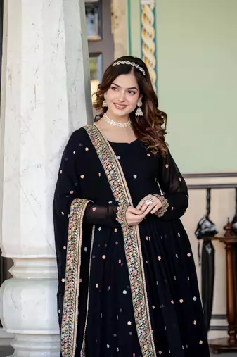 Black georgette zari sequins embroidered flared gown with heavy dupatta