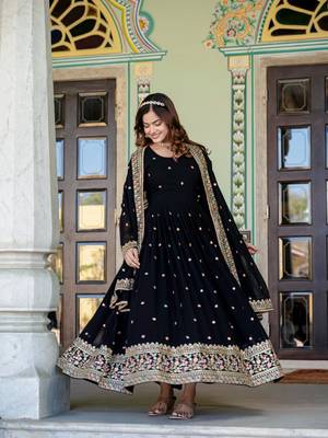 Black georgette zari sequins embroidered flared gown with heavy dupatta 4