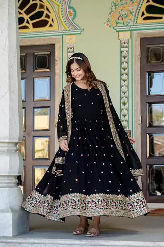 Black georgette zari sequins embroidered flared gown with heavy dupatta