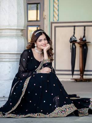 Black georgette zari sequins embroidered flared gown with heavy dupatta 5