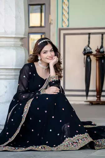 Black georgette zari sequins embroidered flared gown with heavy dupatta