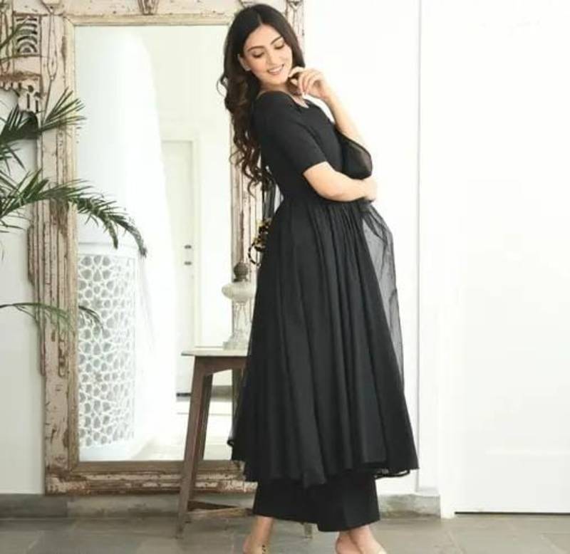 Black Short A Line Anarkali With Palazzo & Heavy Dupatta