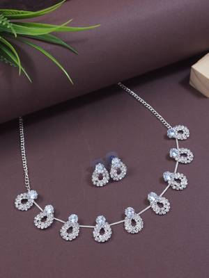 silver plated cubic zirconia american diamond necklace jewellery set  1