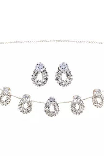 silver plated cubic zirconia american diamond necklace jewellery set 