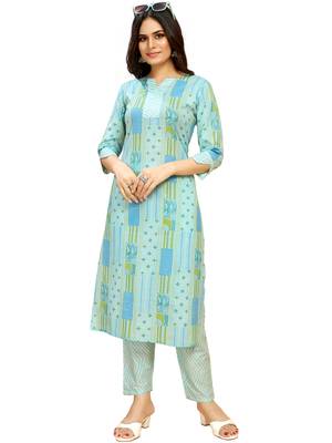 Cotton blend straight printed daily wear casual kurta & pant set 1