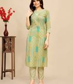 Green Cotton blend straight printed daily wear casual kurta & pant set