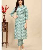 Cotton blend straight printed daily wear casual kurta & pant set