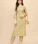 Beige Cotton blend straight printed daily wear casual kurta & pant set