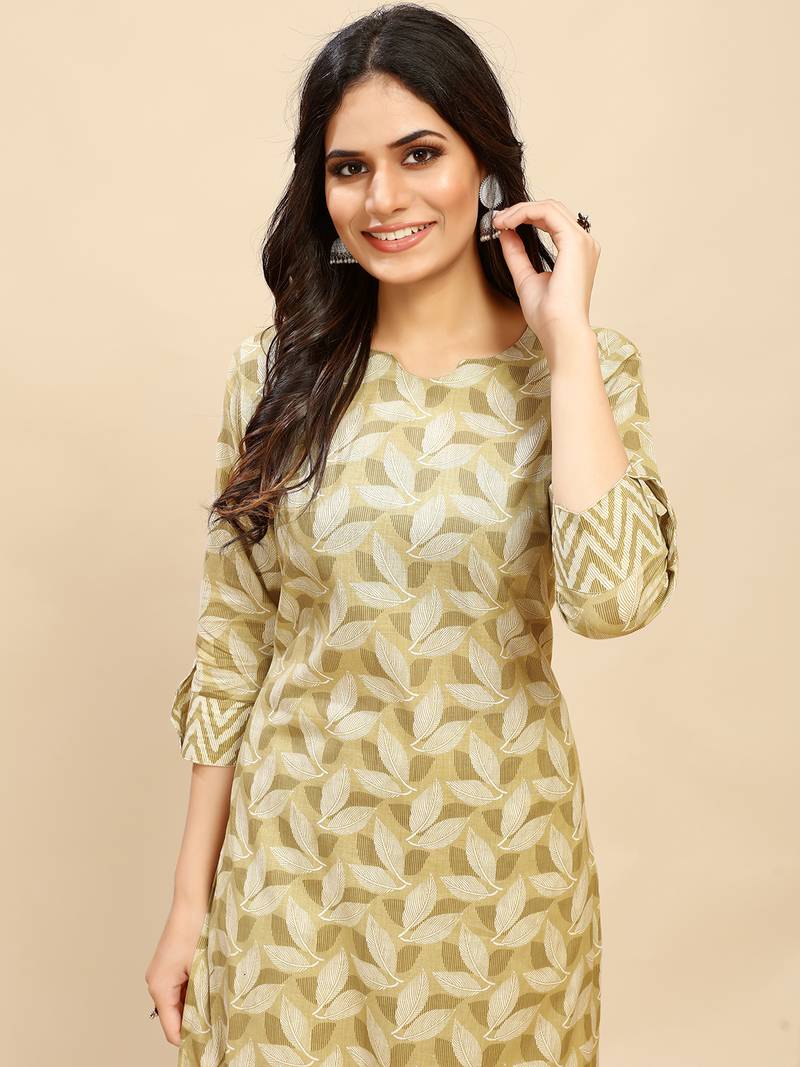 Beige Cotton blend straight printed daily wear casual kurta & pant set