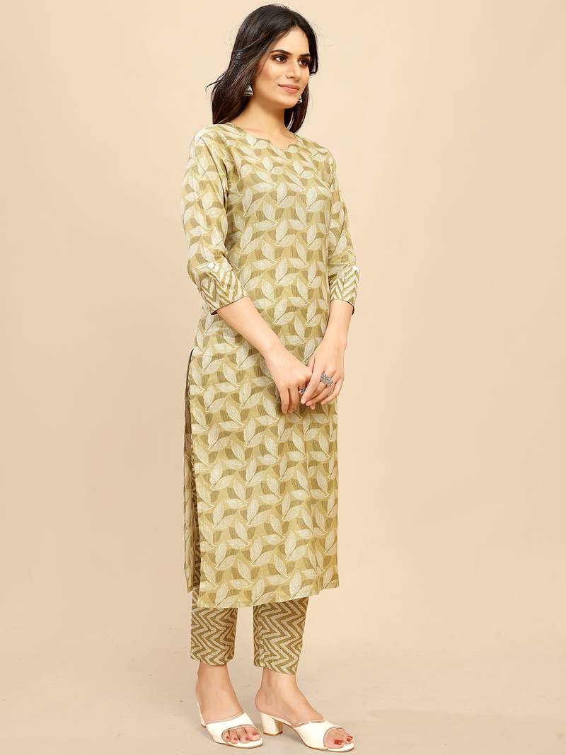Beige Cotton blend straight printed daily wear casual kurta & pant set