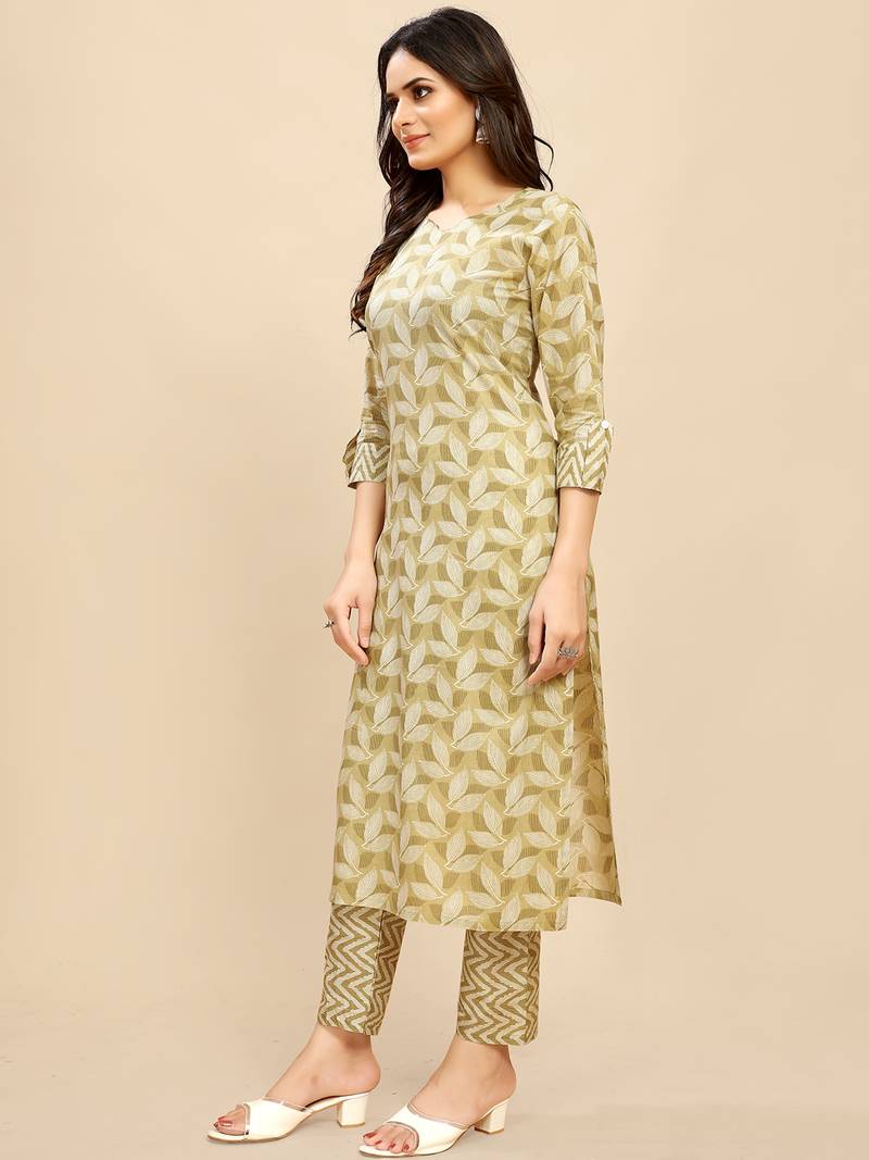 Beige Cotton blend straight printed daily wear casual kurta & pant set