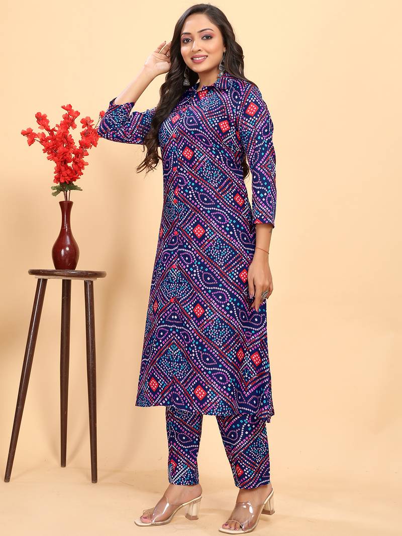 Purple Cotton blend straight printed daily wear casual kurta & pant set