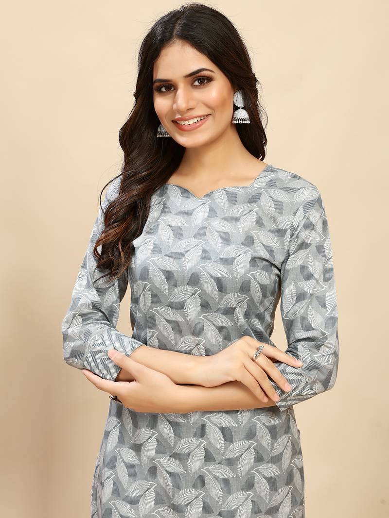 Grey Cotton blend straight printed daily wear casual kurta & pant set