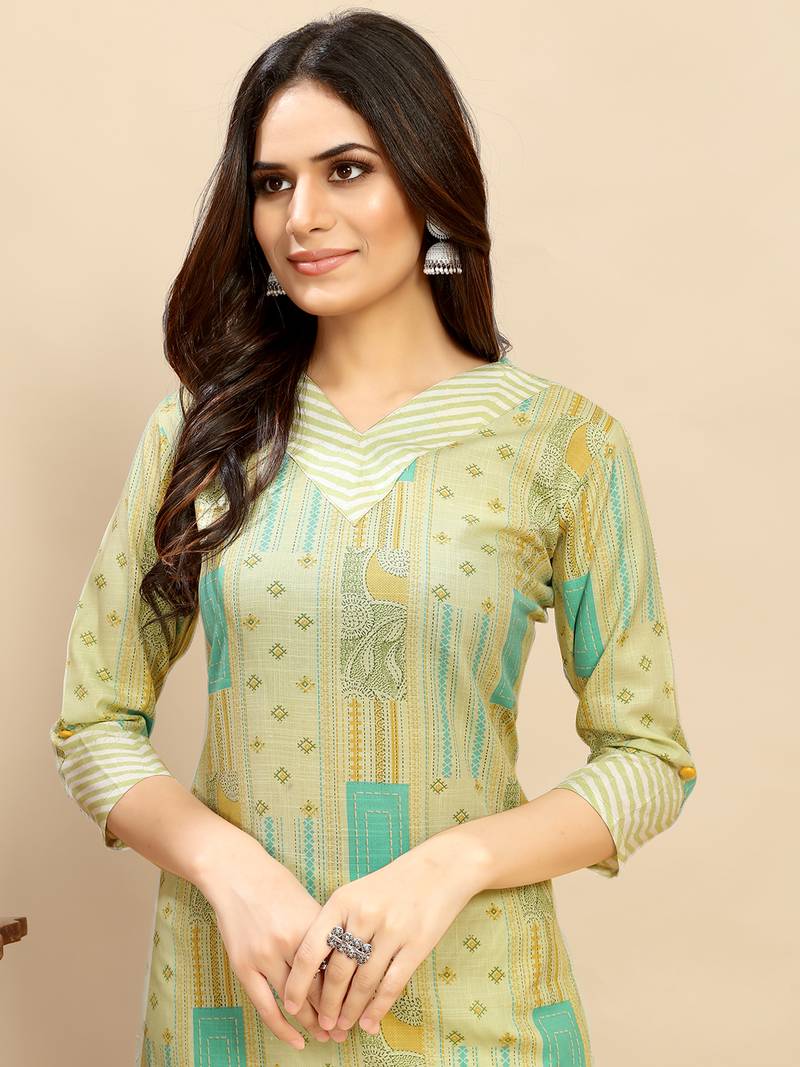 Green Cotton blend straight printed daily wear casual kurta & pant set