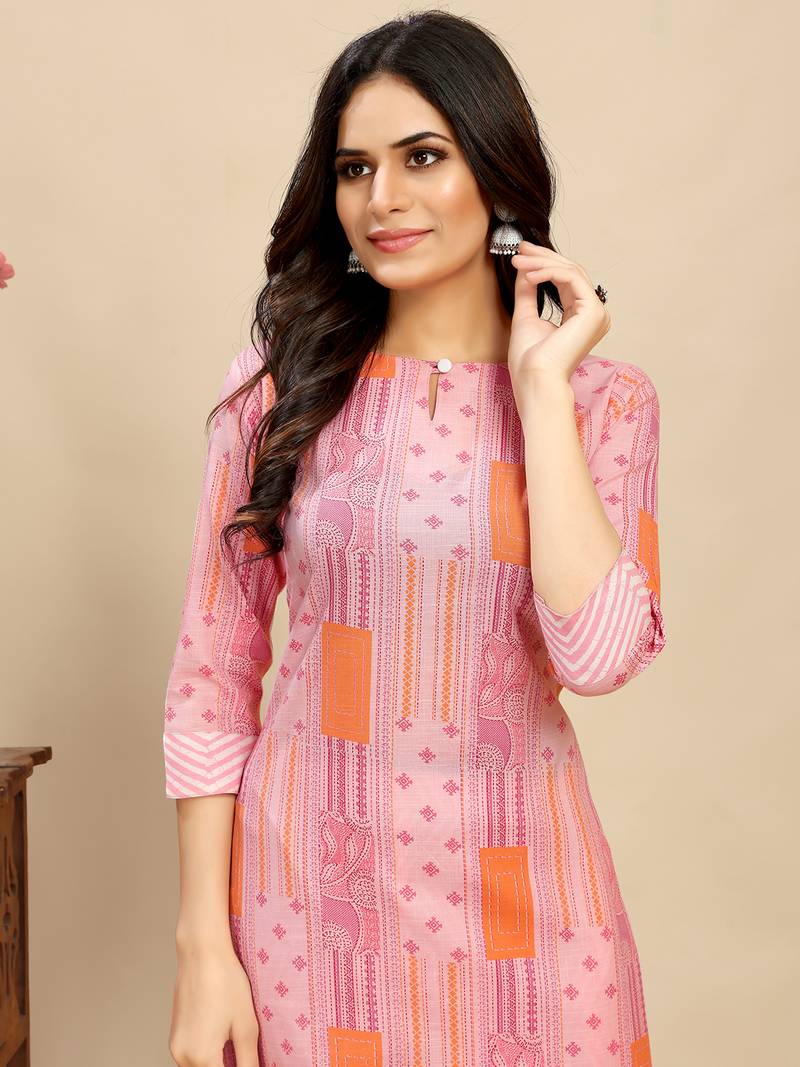 Peach Cotton blend straight printed daily wear casual kurta & pant set