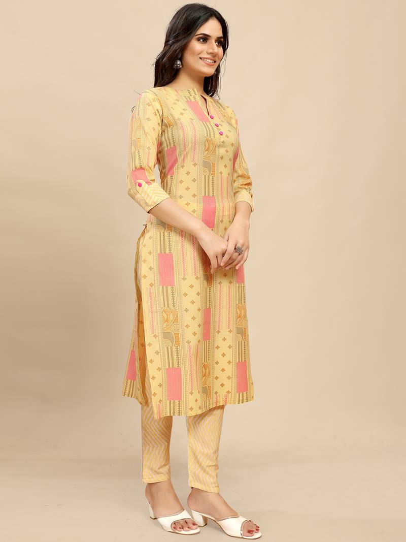 Cotton blend straight printed daily wear casual kurta & pant set